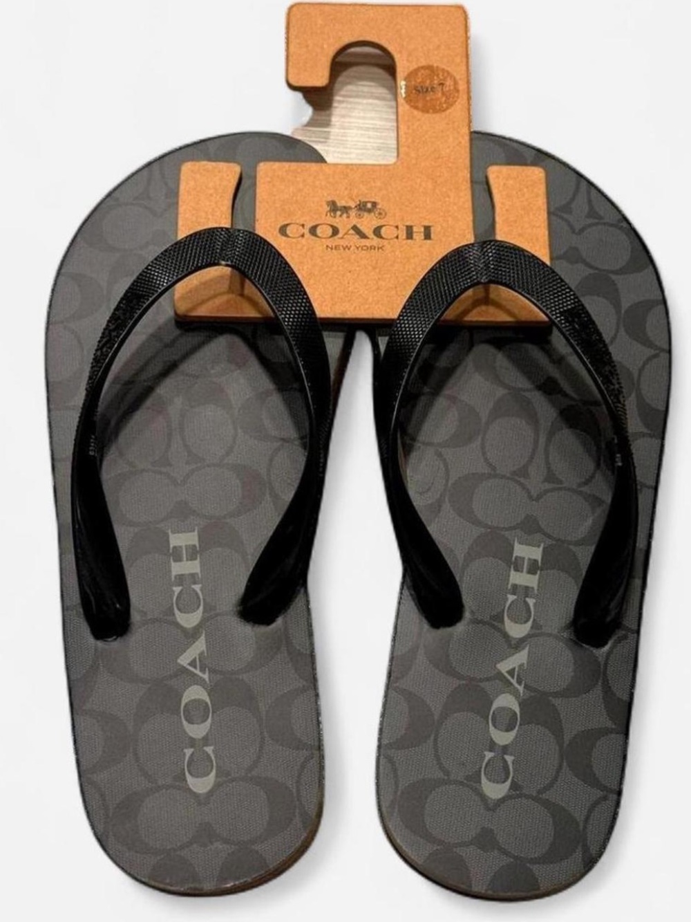 Coach Size 7 Black Signature Logo Flip Flops Sandals